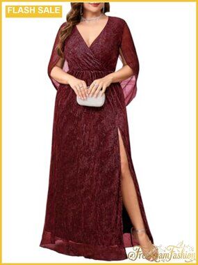 Plus Size Sparkly Maxi Dress Cape Sleeve V Neck Side Slit Formal Evening Gown